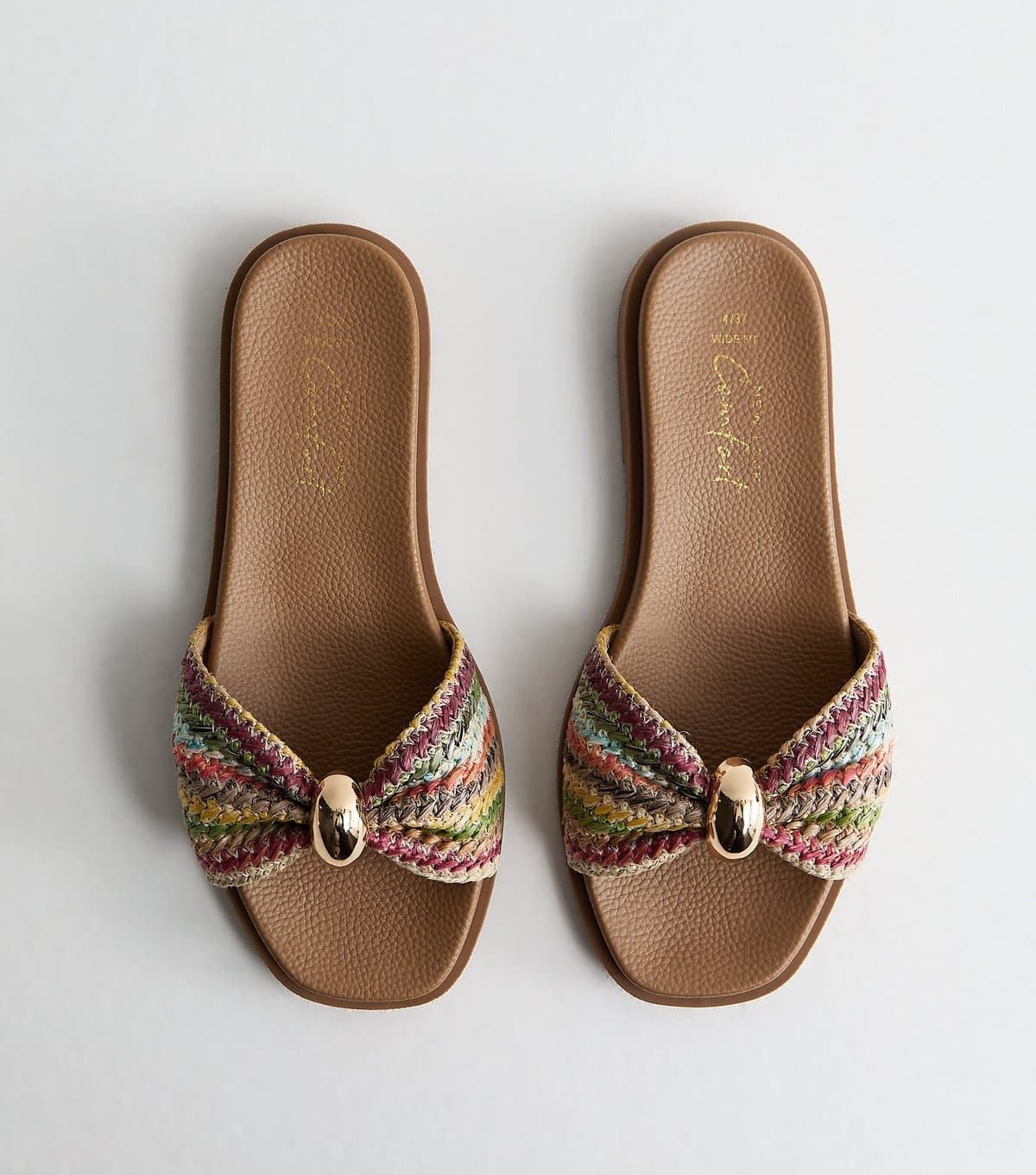 New Look Women's Wide Fit Multicolour Faux Raffia Ring Mule Sandals Vegan New Look