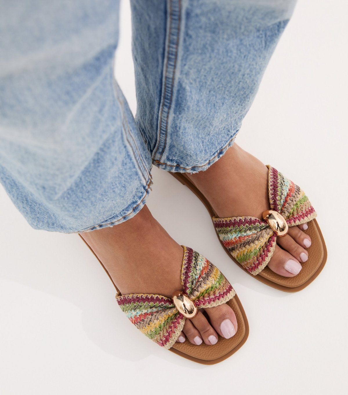 New Look Women's Wide Fit Multicolour Faux Raffia Ring Mule Sandals Vegan New Look - 2