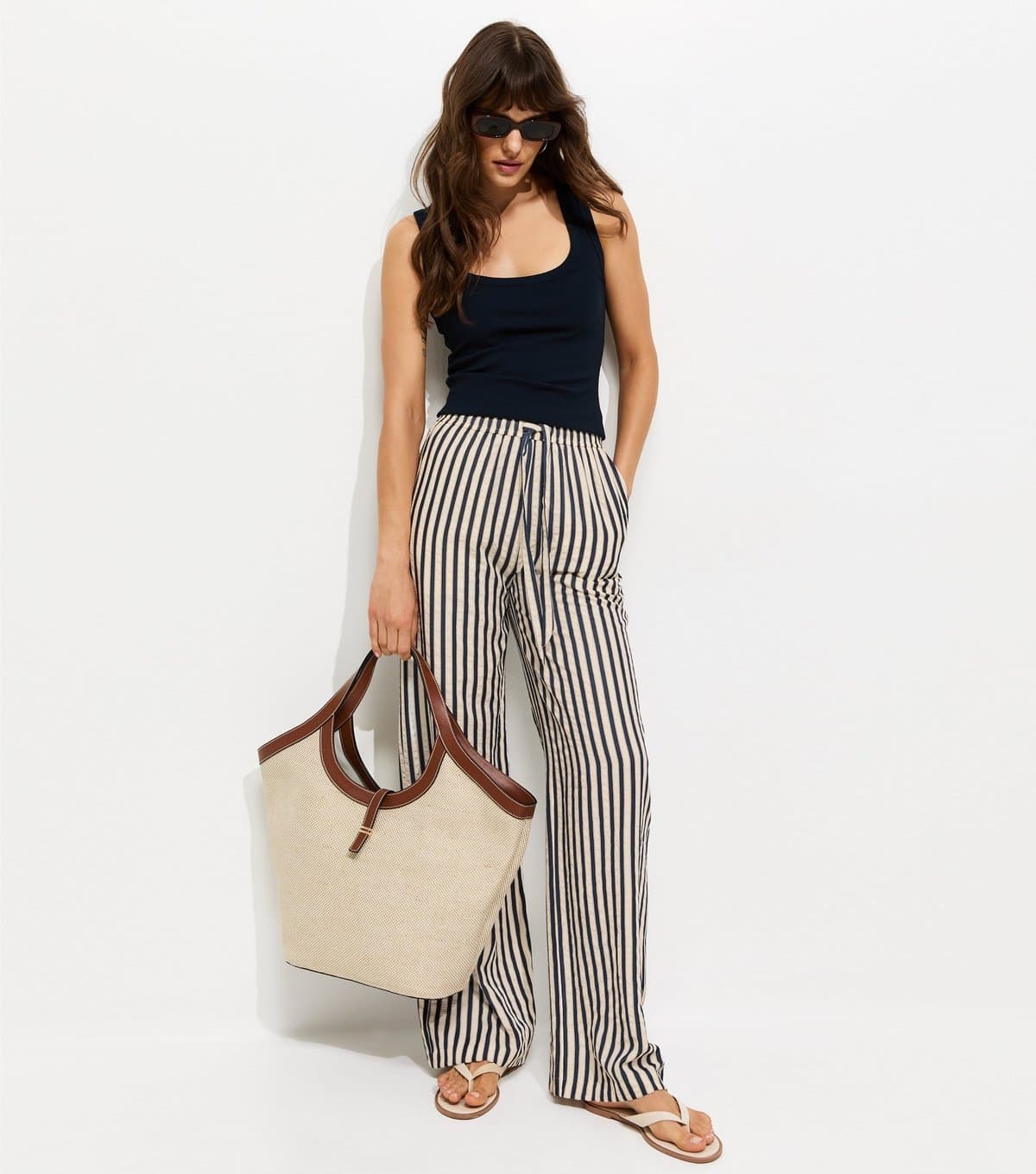 New Look Women's Tall Blue Seersucker Stripe Wide Leg Trousers New Look