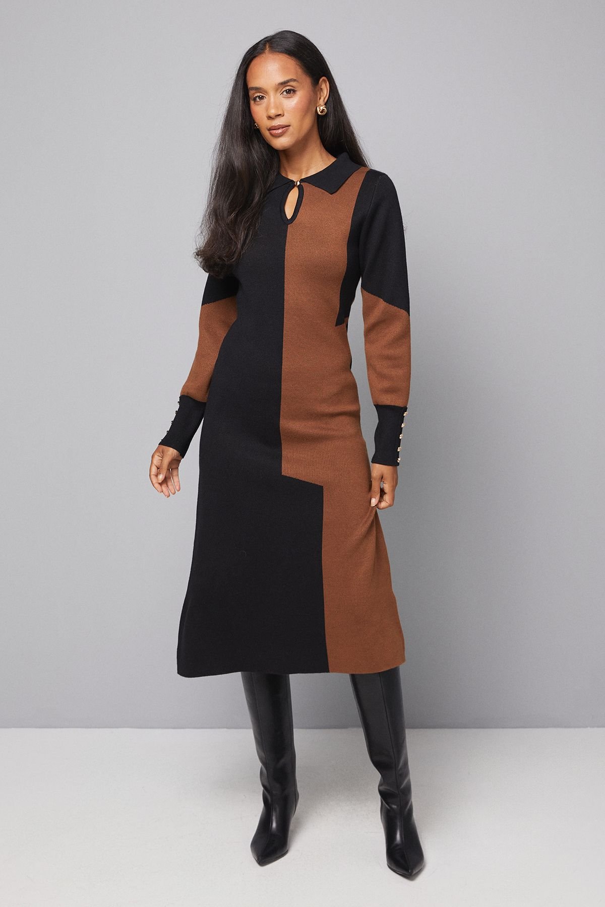 Wallis Wallis Women's Colour Block Collared Knitted Dress in Black - 2