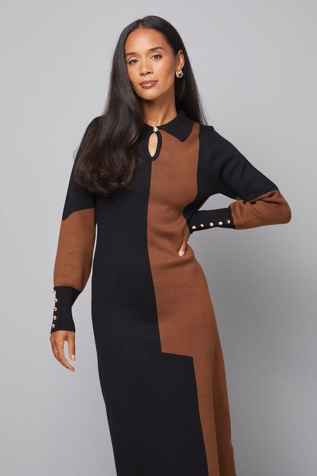 Wallis Wallis Women's Colour Block Collared Knitted Dress in Black - 2