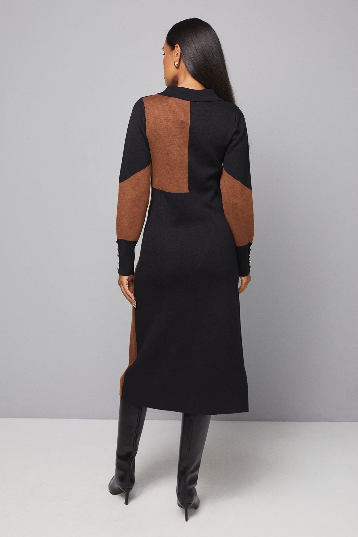 Wallis Wallis Women's Colour Block Collared Knitted Dress in Black - 3