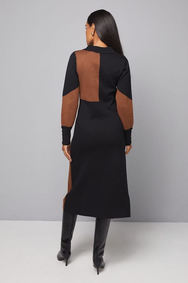 Wallis Wallis Women's Colour Block Collared Knitted Dress in Black - 3
