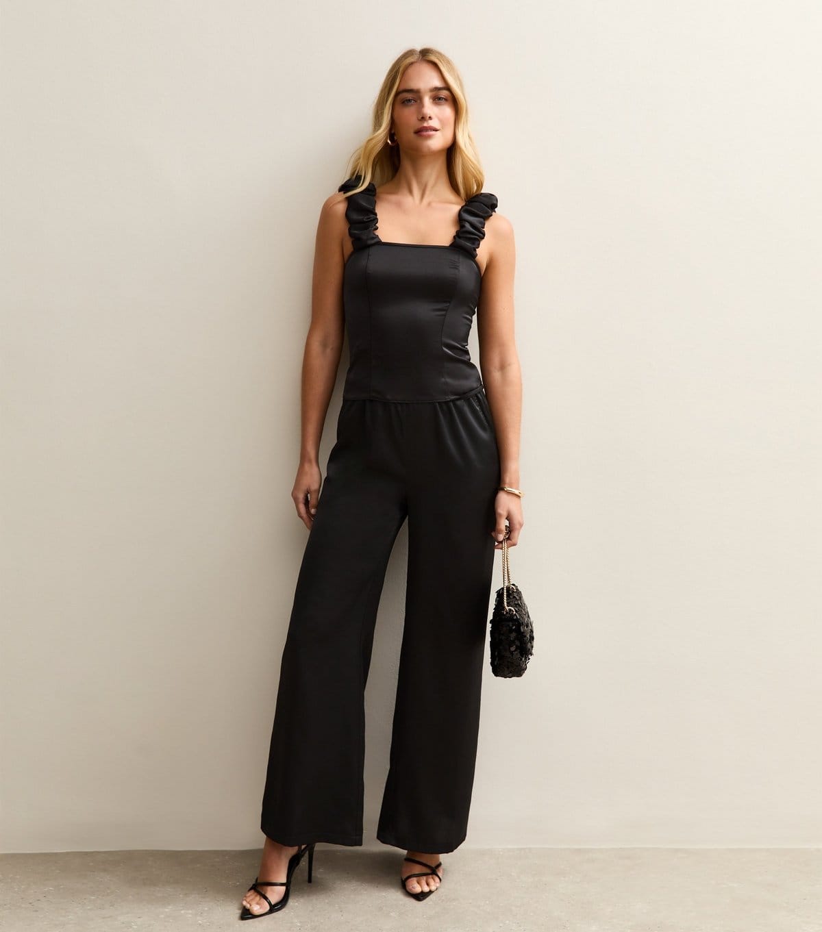 New Look Black Satin Ruched Strap Cami