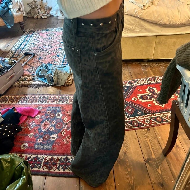 Bershka Bershka studded leopard print wide leg jeans