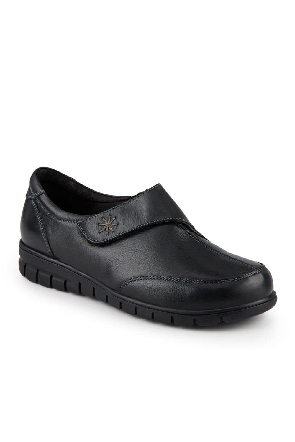 Pavers Pavers Women's Wide Fit Leather Touch-Fasten Monk Shoes in Black
