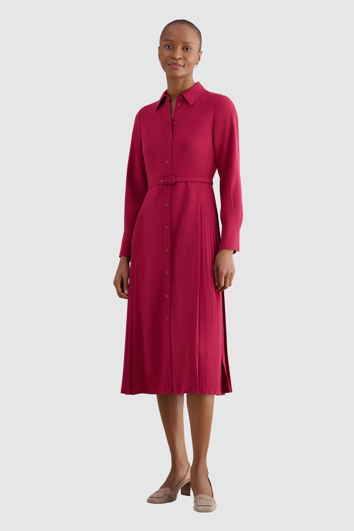 Hobbs London Hobbs London Women's Ginny Belted Pleated Midi Shirt Dress in Cerise