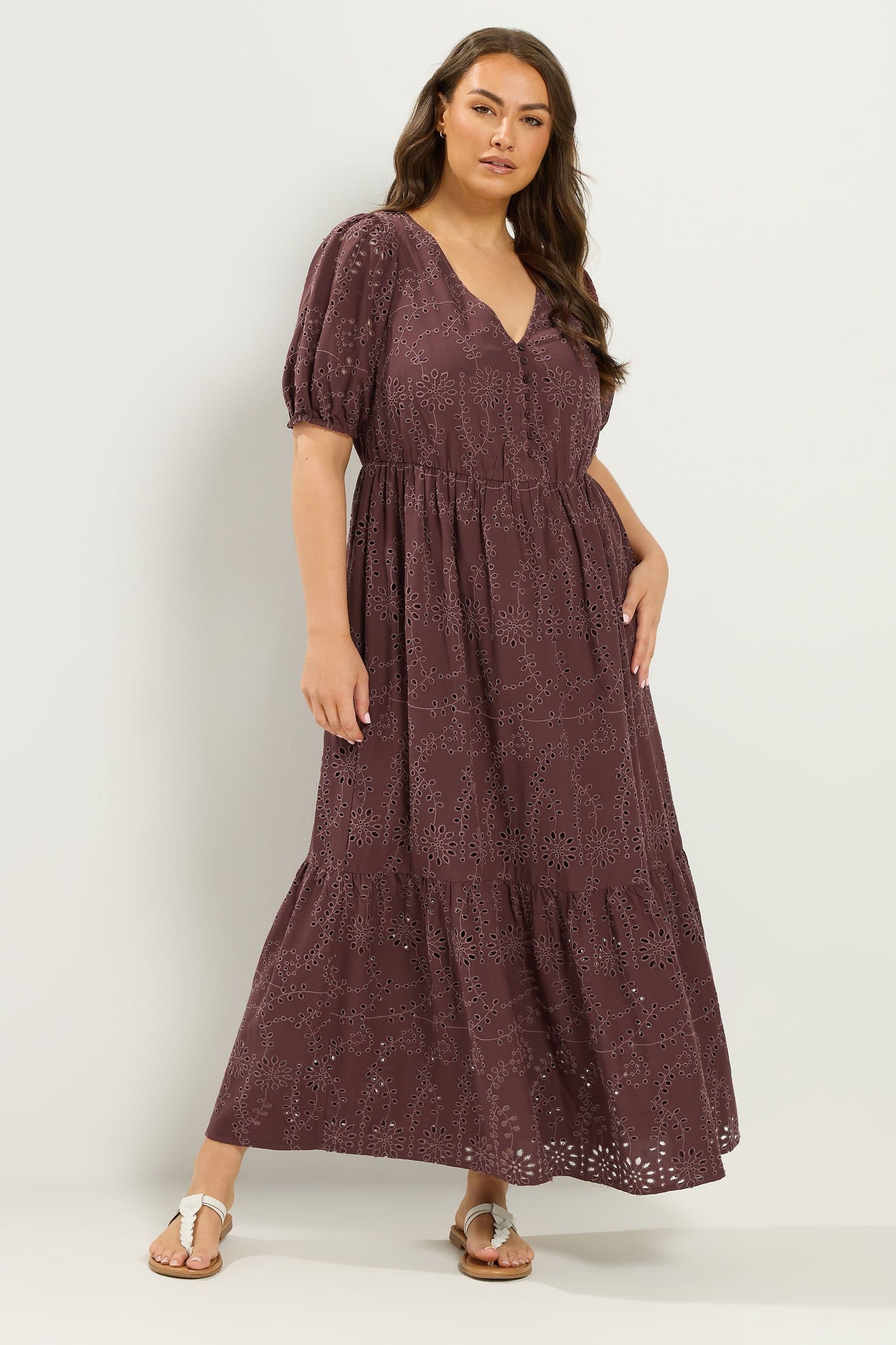 Yours Yours Women's Broderie Anglaise Tea Dress in Chocolate
