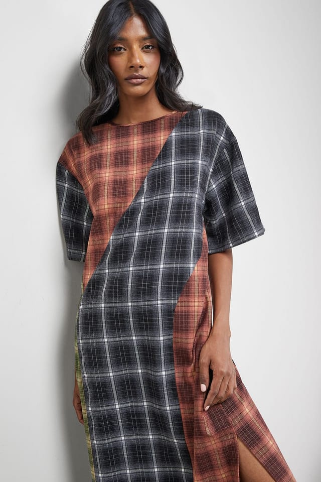Warehouse Warehouse Women's Mixed Panelled Check Oversized Midi T-Shirt Dress - 2