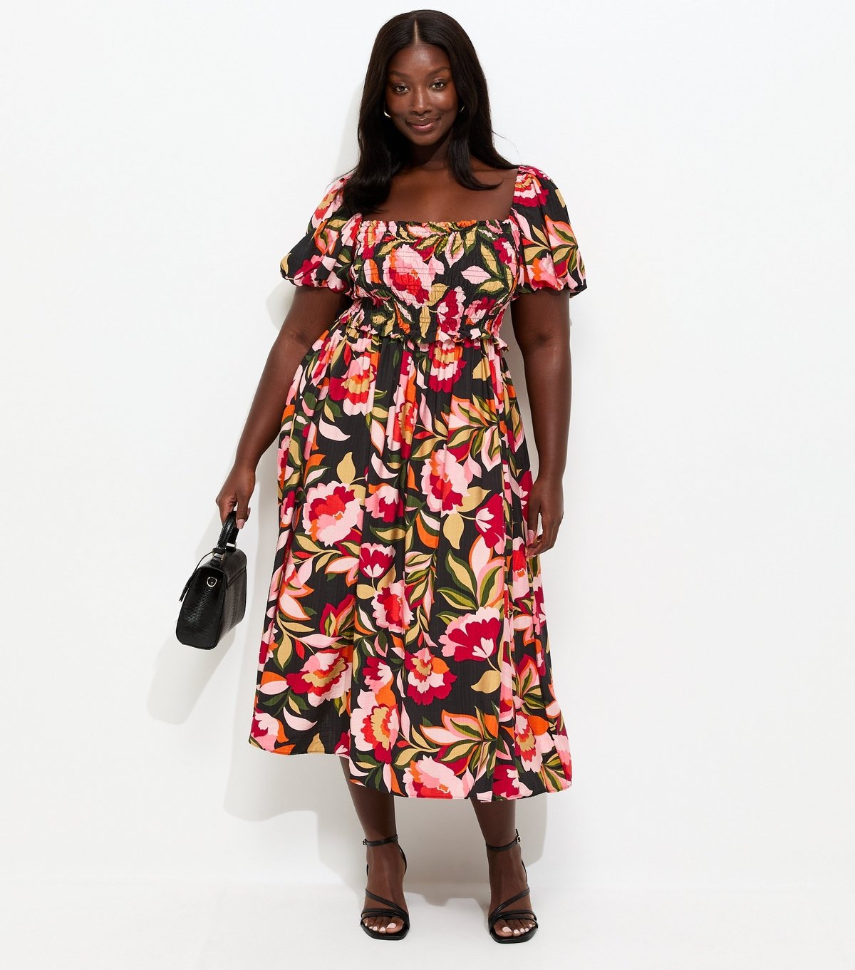 New Look Women's Plus Size Black Floral Print Milkmaid Midi Dress Curves New Look - 2