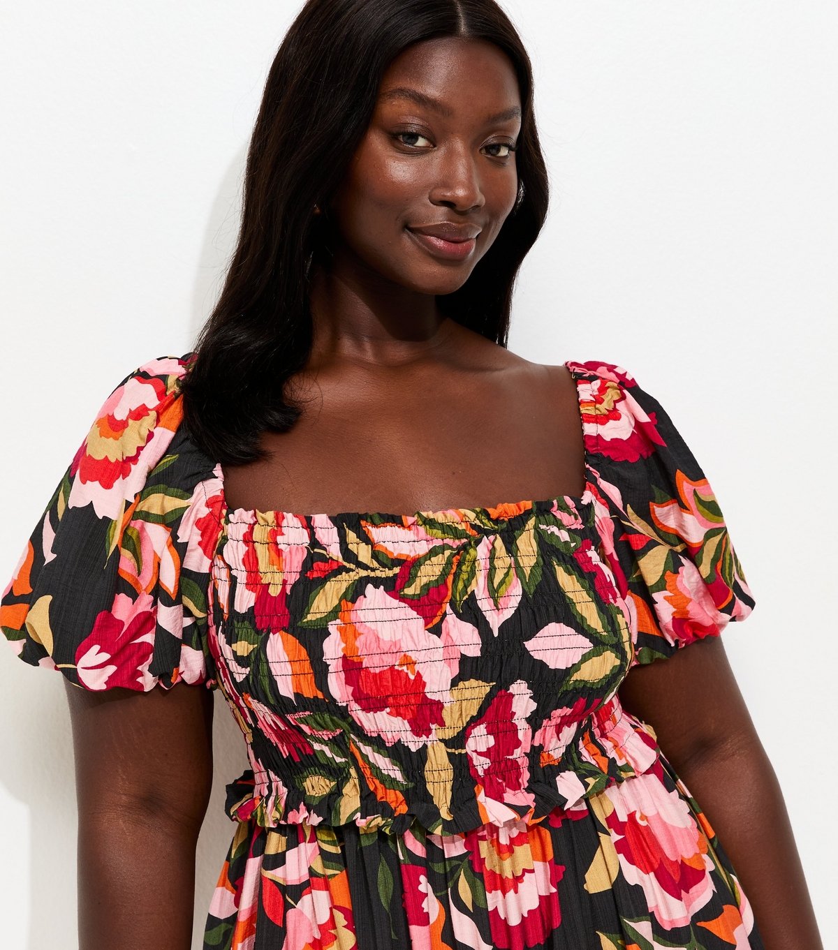 New Look Women's Plus Size Black Floral Print Milkmaid Midi Dress Curves New Look - 3