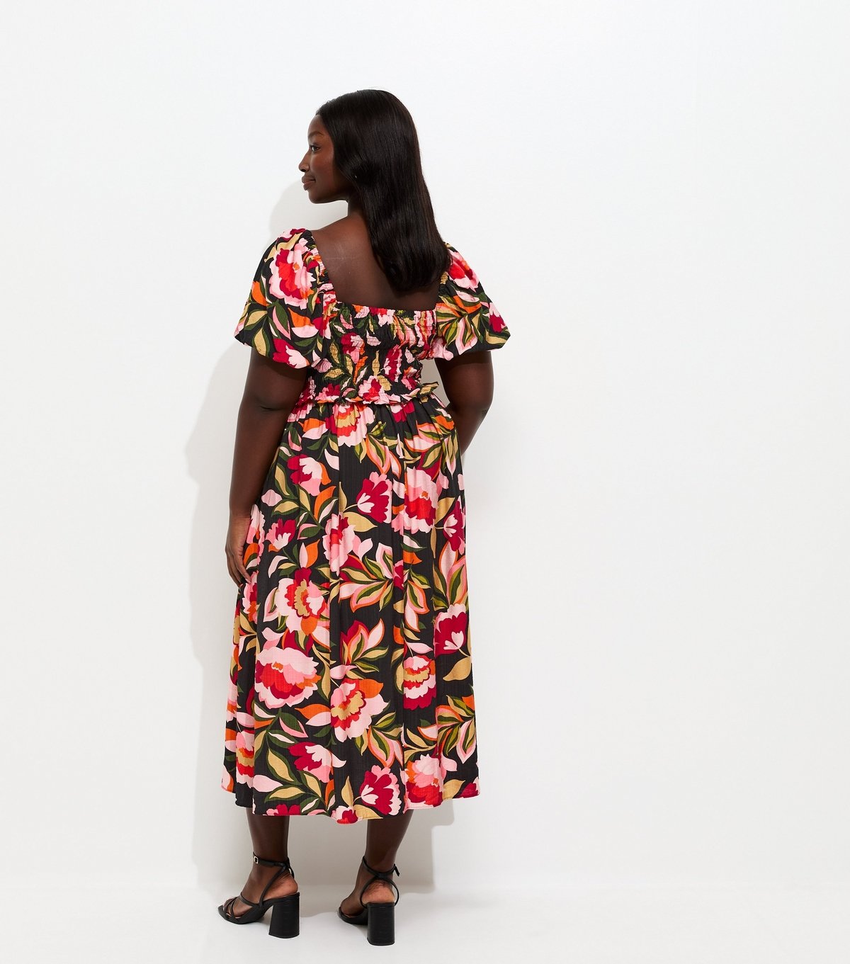 New Look Women's Plus Size Black Floral Print Milkmaid Midi Dress Curves New Look - 4