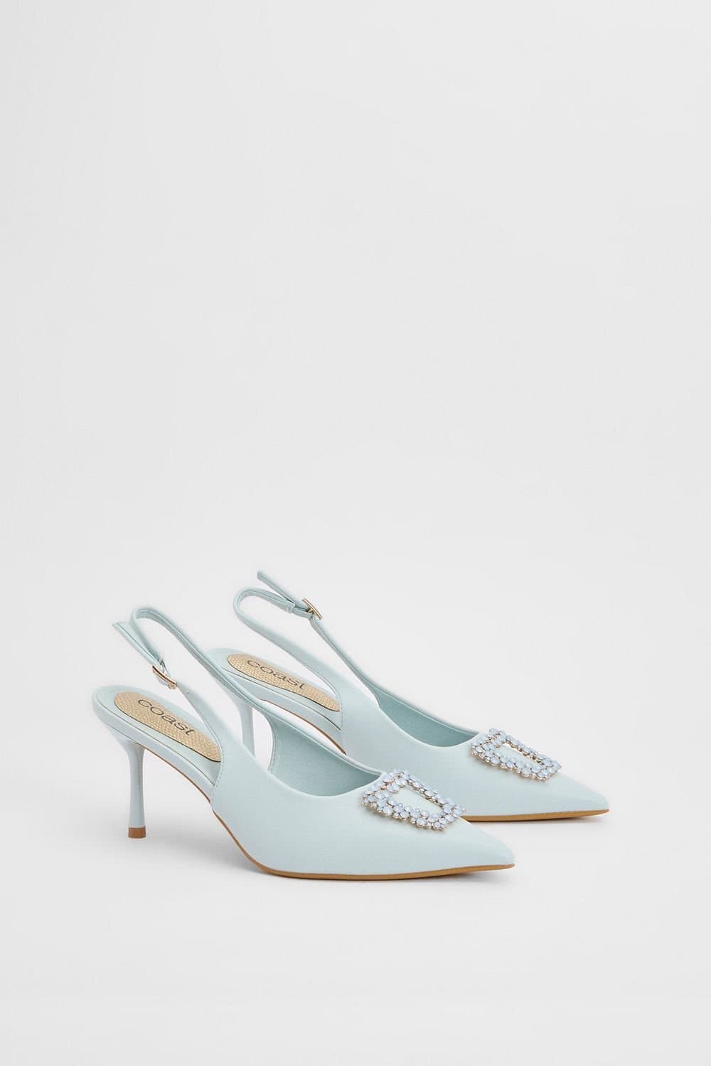 Coast Coast Women's Diana Blue Faux Leather Square Coloured Trim Medium Stiletto Heel Slingback Court Shoes