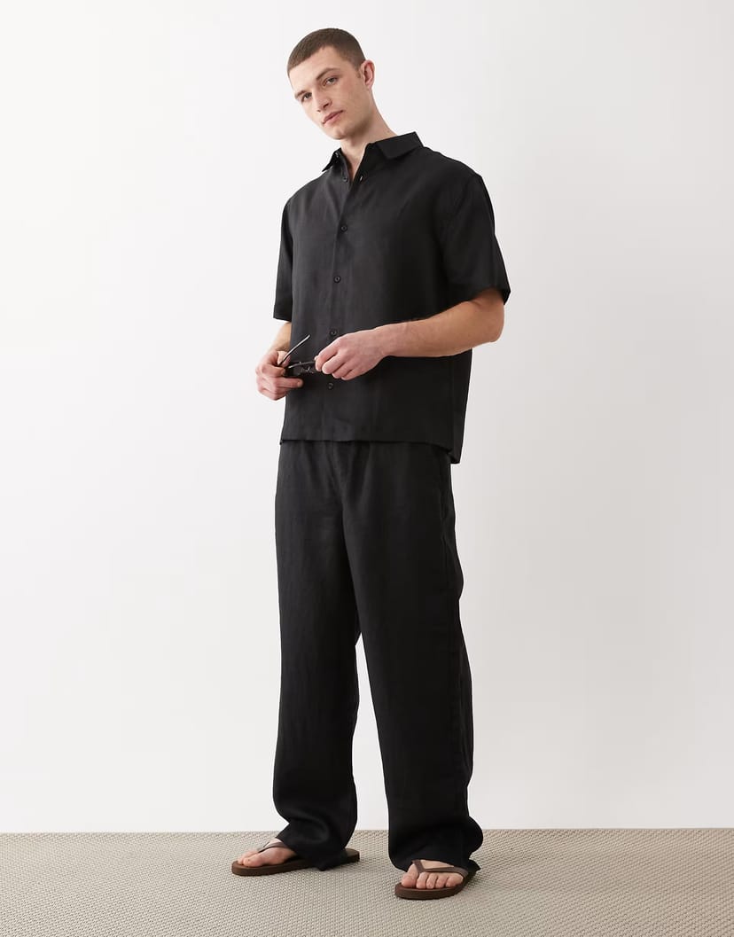 ASOS ASOS DESIGN co-ord loose straight 100% linen trousers in black - 1