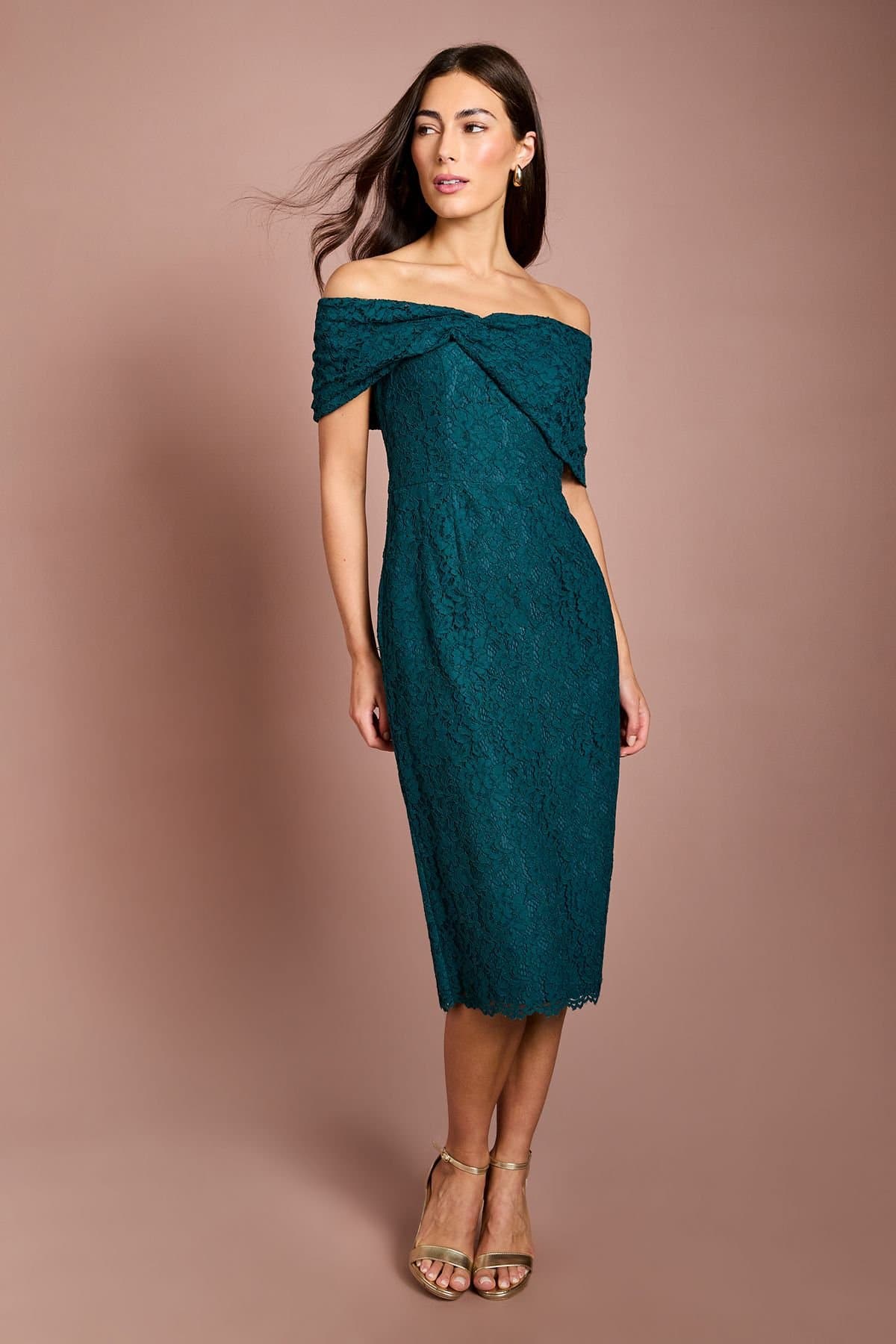 Coast Coast Women's Bardot Lace Pencil Midi Dress in Emerald