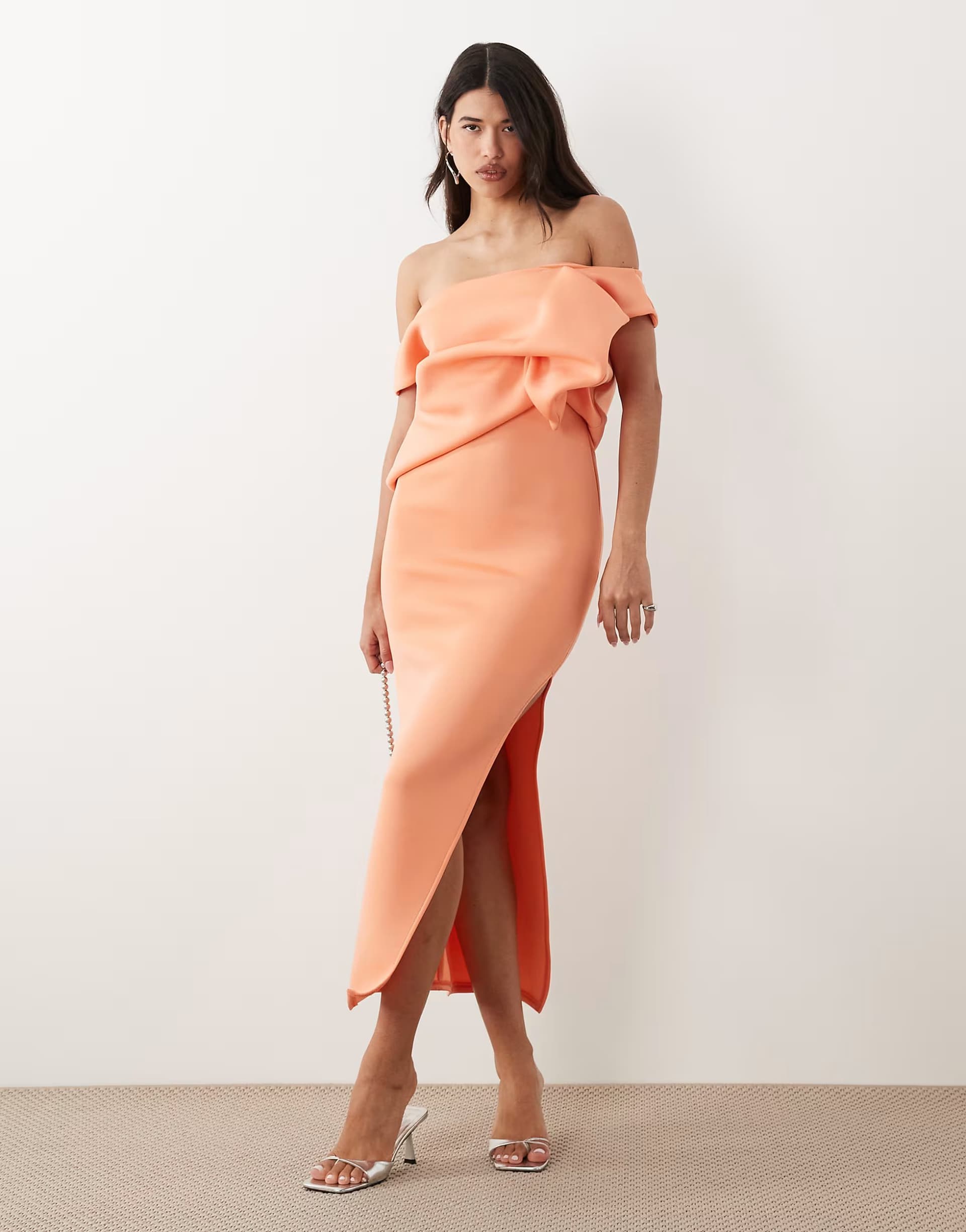 ASOS ASOS DESIGN scrunch drape midi dress in cantaloupe scuba-style fabric