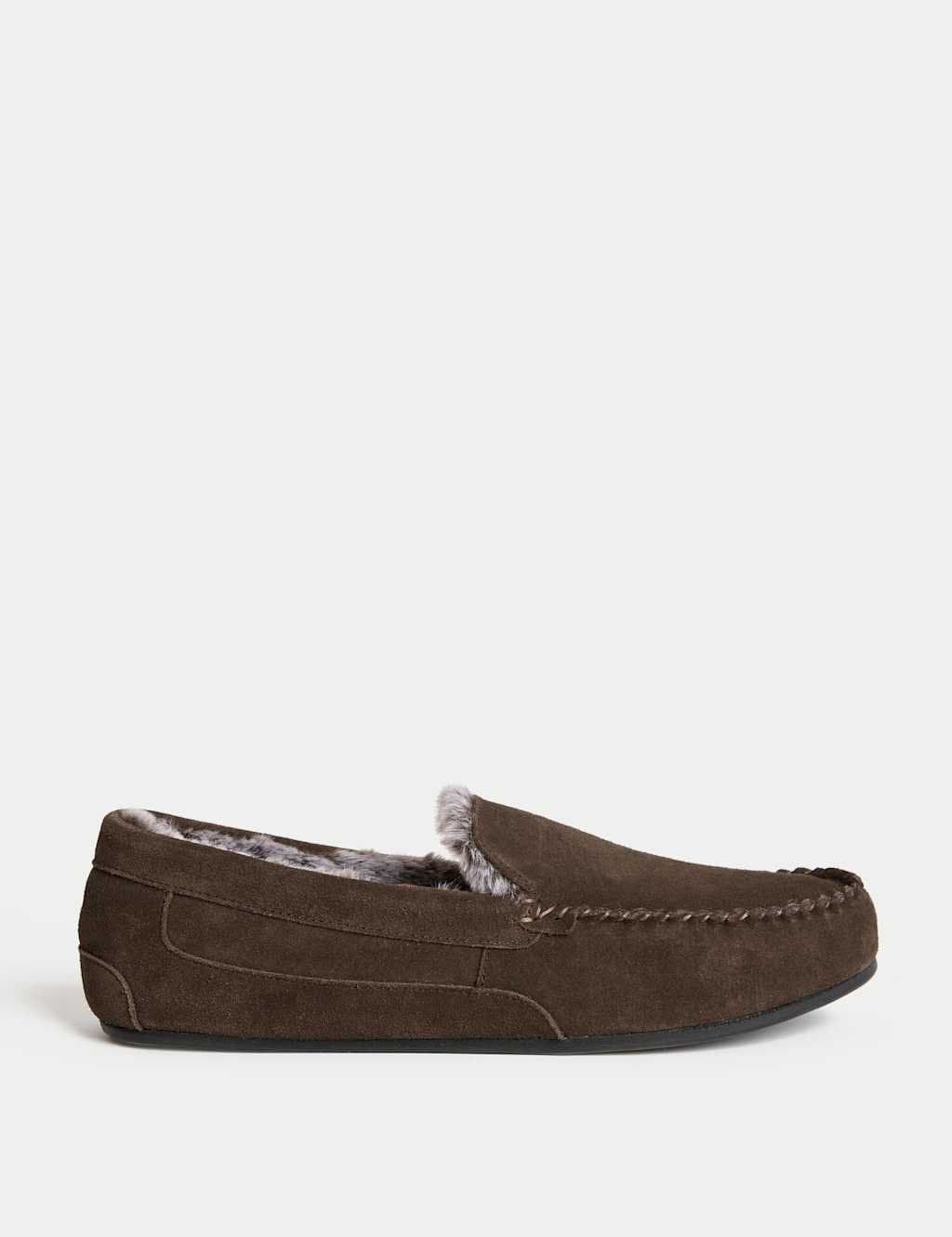 Marks & Spencer M&S Suede Fleece Lined Moccasin Slippers Dark Brown