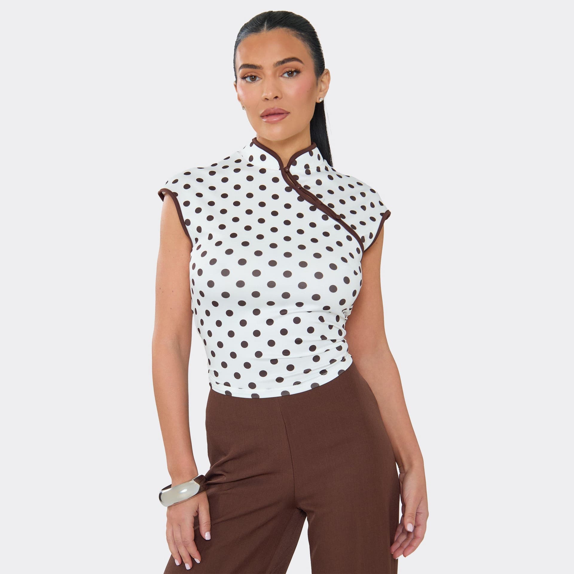 EGO Short Sleeve Button Front Top In White And Chocolate Polka Dot, Women's Size UK M/L