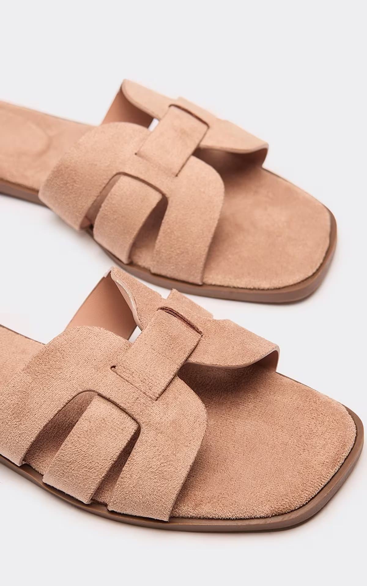 EGO Beck Cage Strap Detail Flat Slider Sandal In Nude Faux Suede, Women's Size UK 3