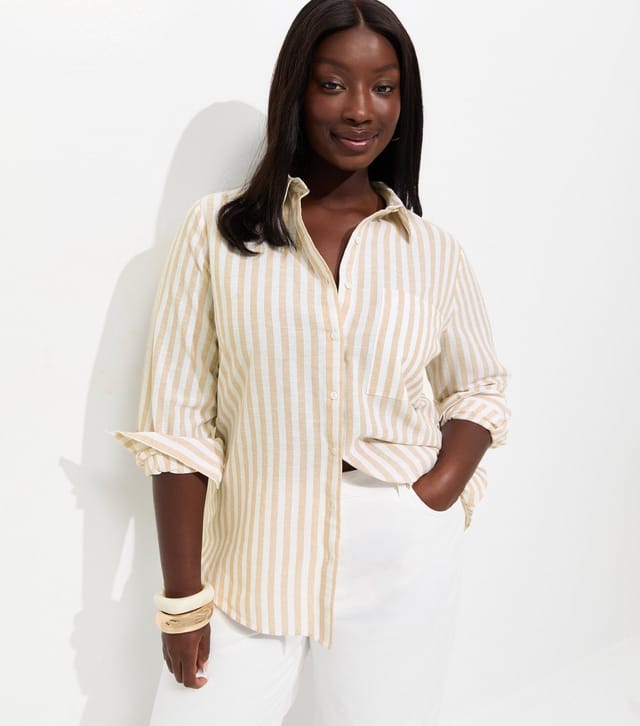 New Look Women's Plus Size Brown Cotton Linen Striped Long Sleeve Shirt Curves New Look - 2