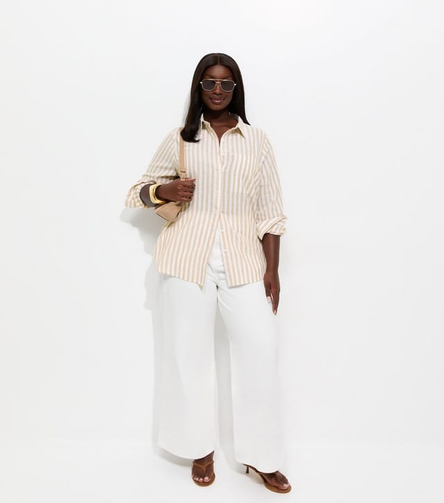 New Look Women's Plus Size Brown Cotton Linen Striped Long Sleeve Shirt Curves New Look - 3