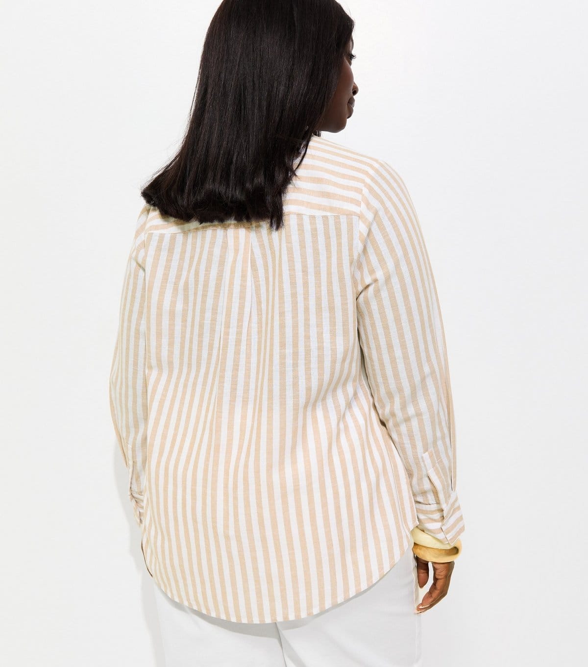 New Look Women's Plus Size Brown Cotton Linen Striped Long Sleeve Shirt Curves New Look - 4