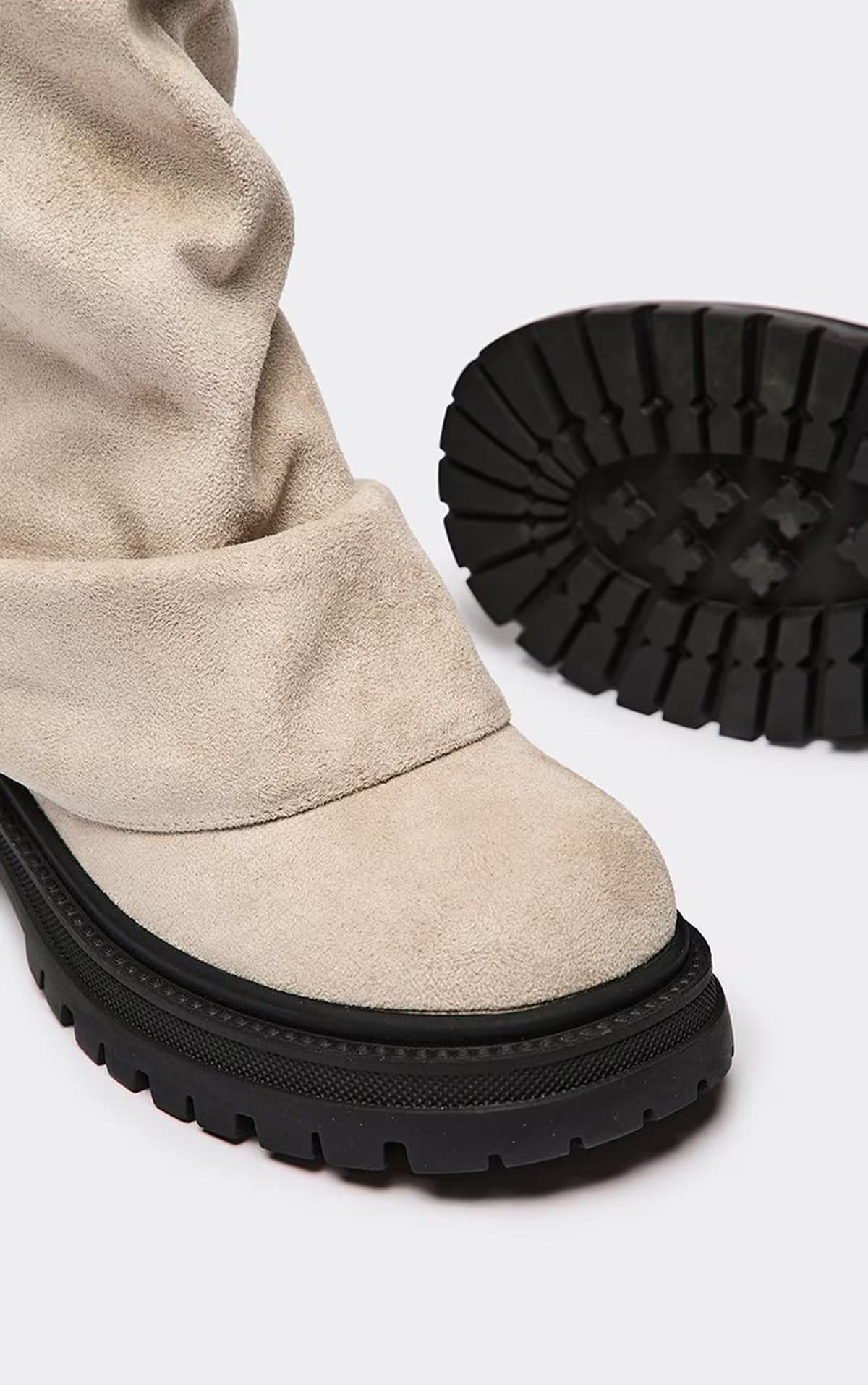 EGO Margot Layered Detail Knee High Long Biker Boot In Light Taupe Faux Suede., Women's Size UK 3