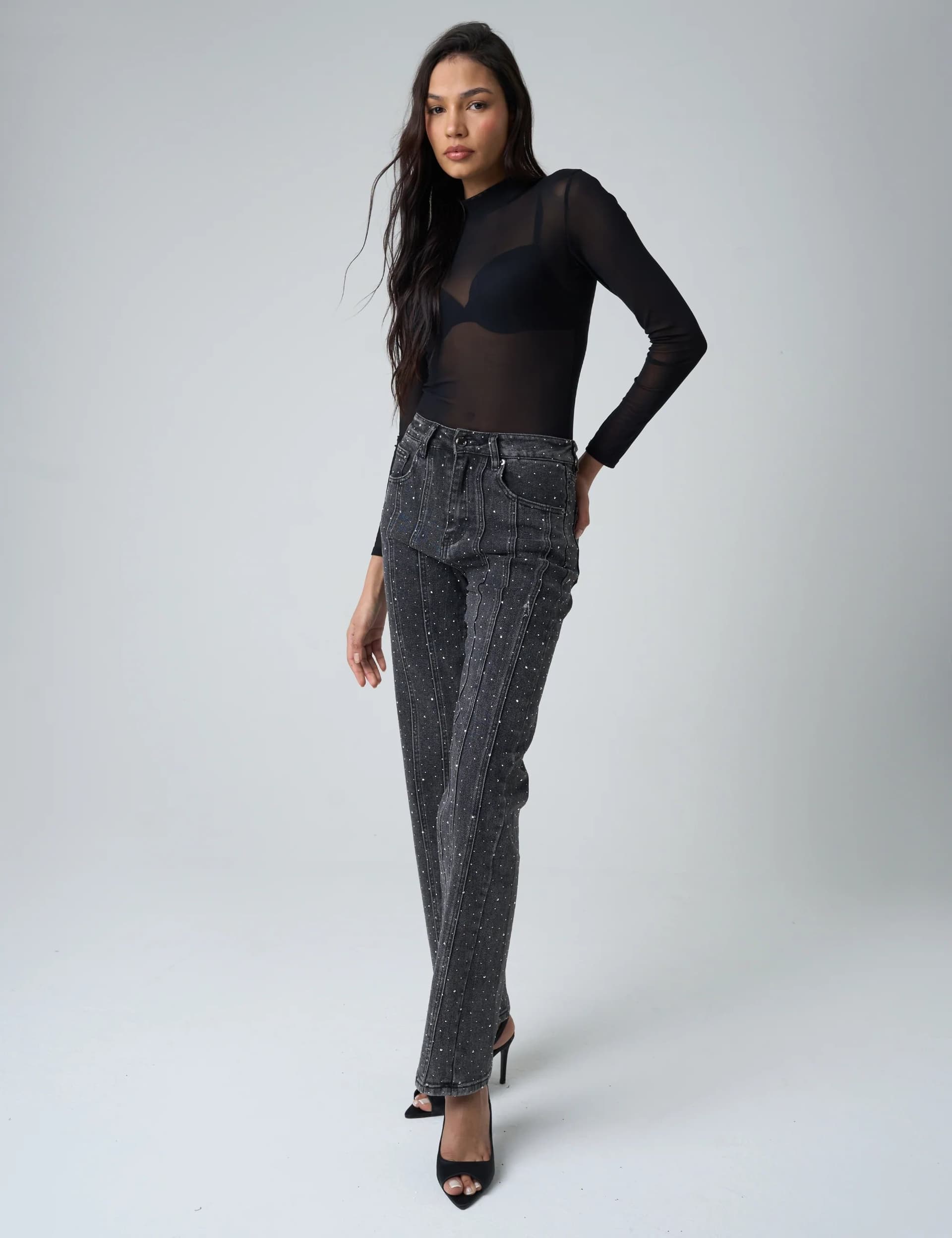 Public Desire Embellished Straight Leg High Waisted Jeans Black