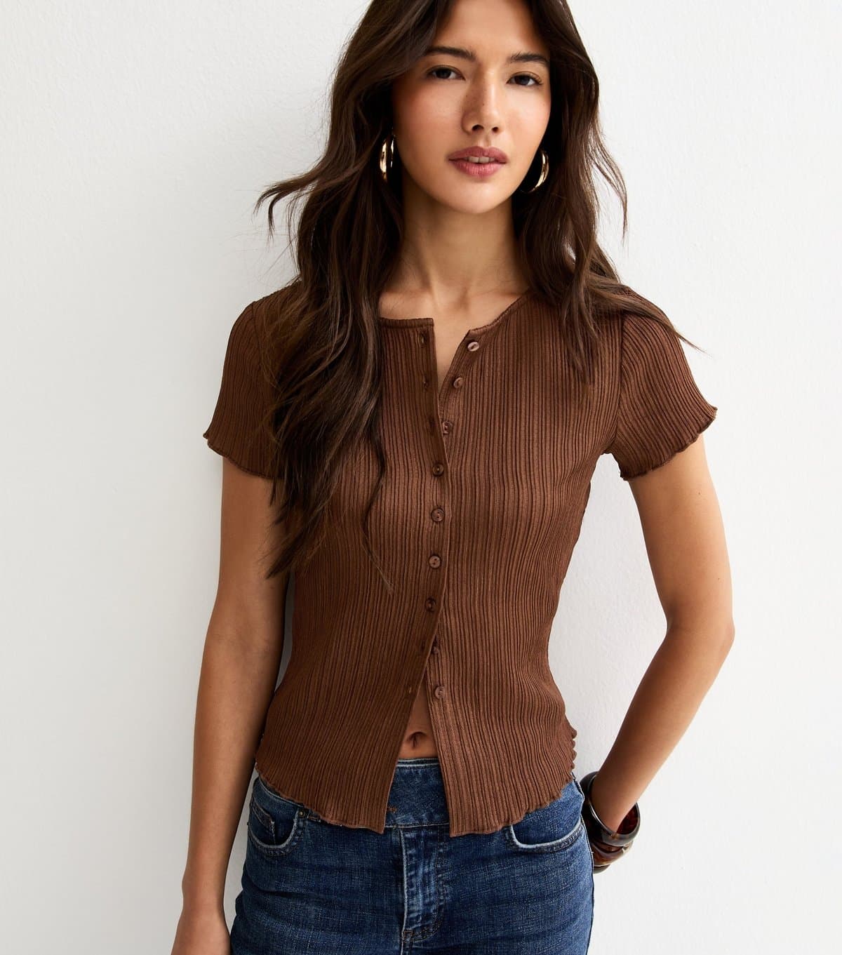 New Look Women's Dark Brown Ribbed Texture Button Front T-Shirt New Look