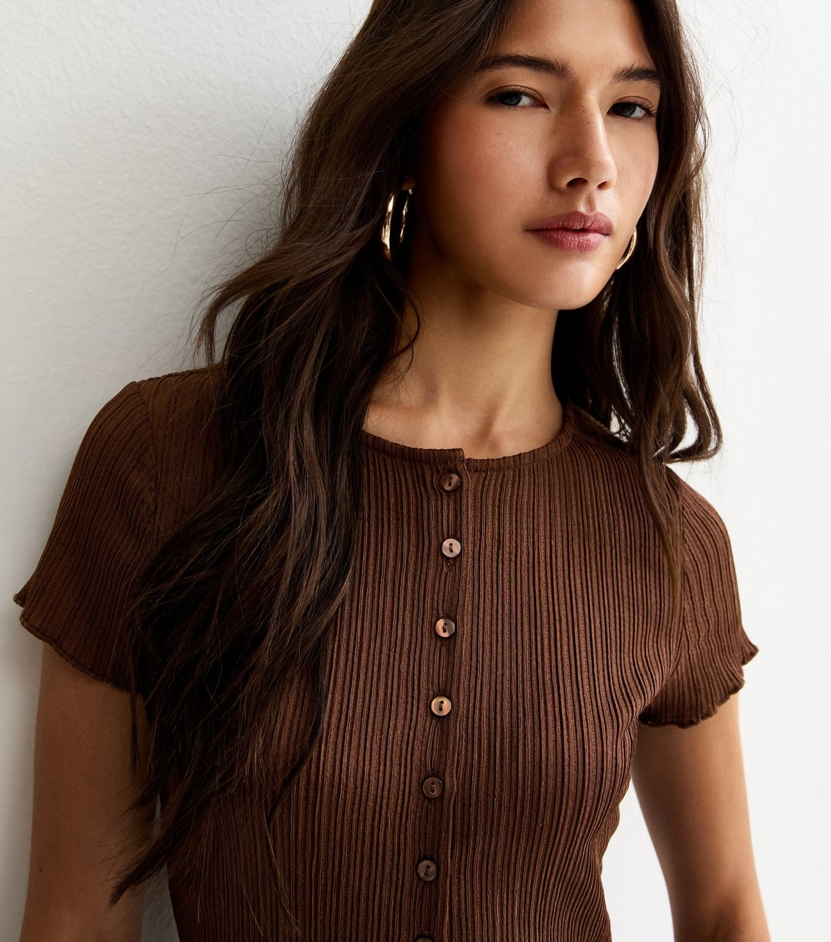 New Look Women's Dark Brown Ribbed Texture Button Front T-Shirt New Look - 2