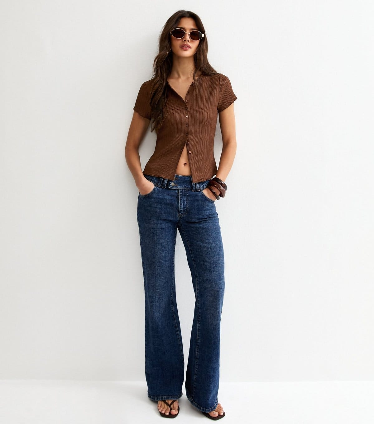 New Look Women's Dark Brown Ribbed Texture Button Front T-Shirt New Look - 4