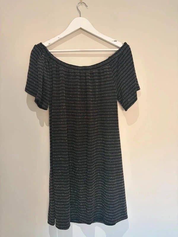 Papaya Papaya Black Gold Glitter Off Shoulder Dress UK 14 Sparkly Stretch Party Mini