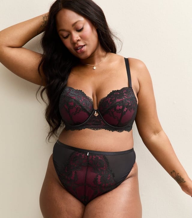 New Look Women's Plus Size Black Floral Lace Contrast Trim Bra Curves New Look - 3