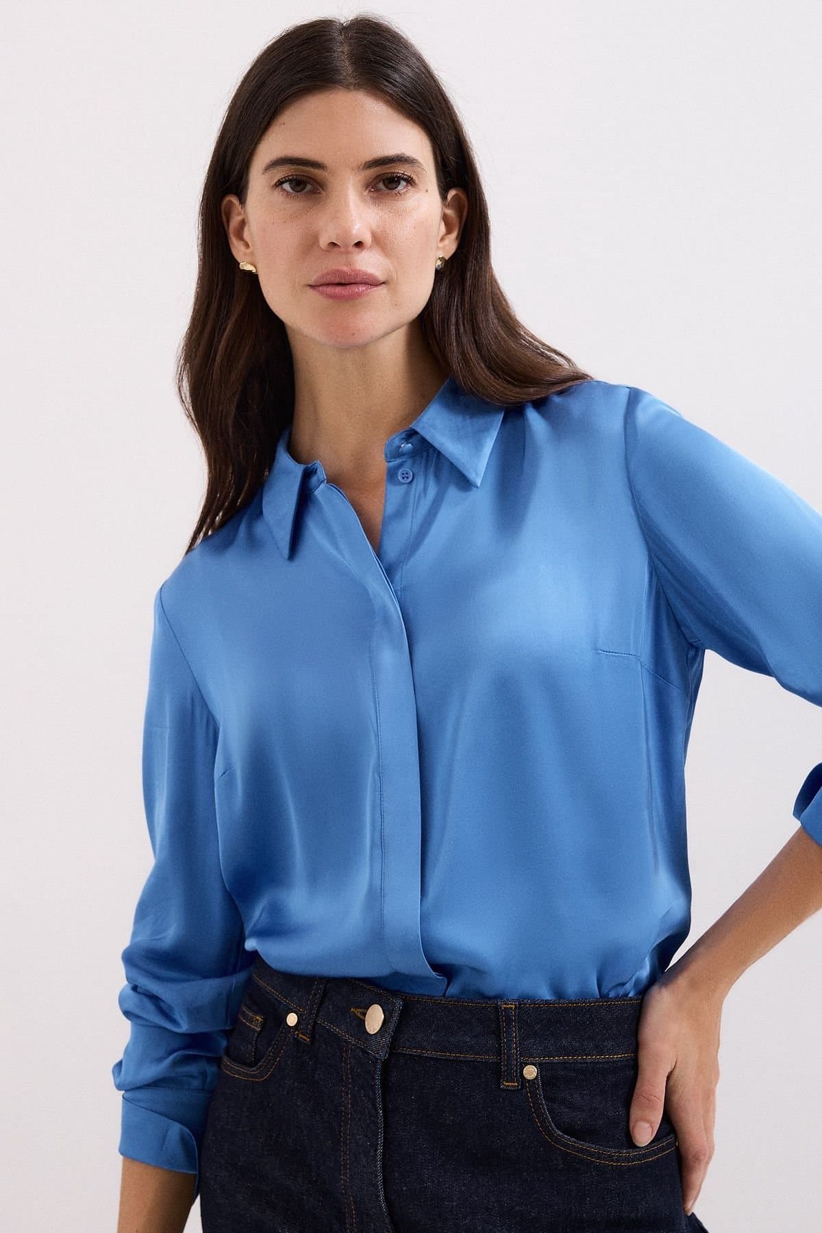 Phase Eight Phase Eight Women's Novie Collared Longsleeve Satin Shirt in Cobalt