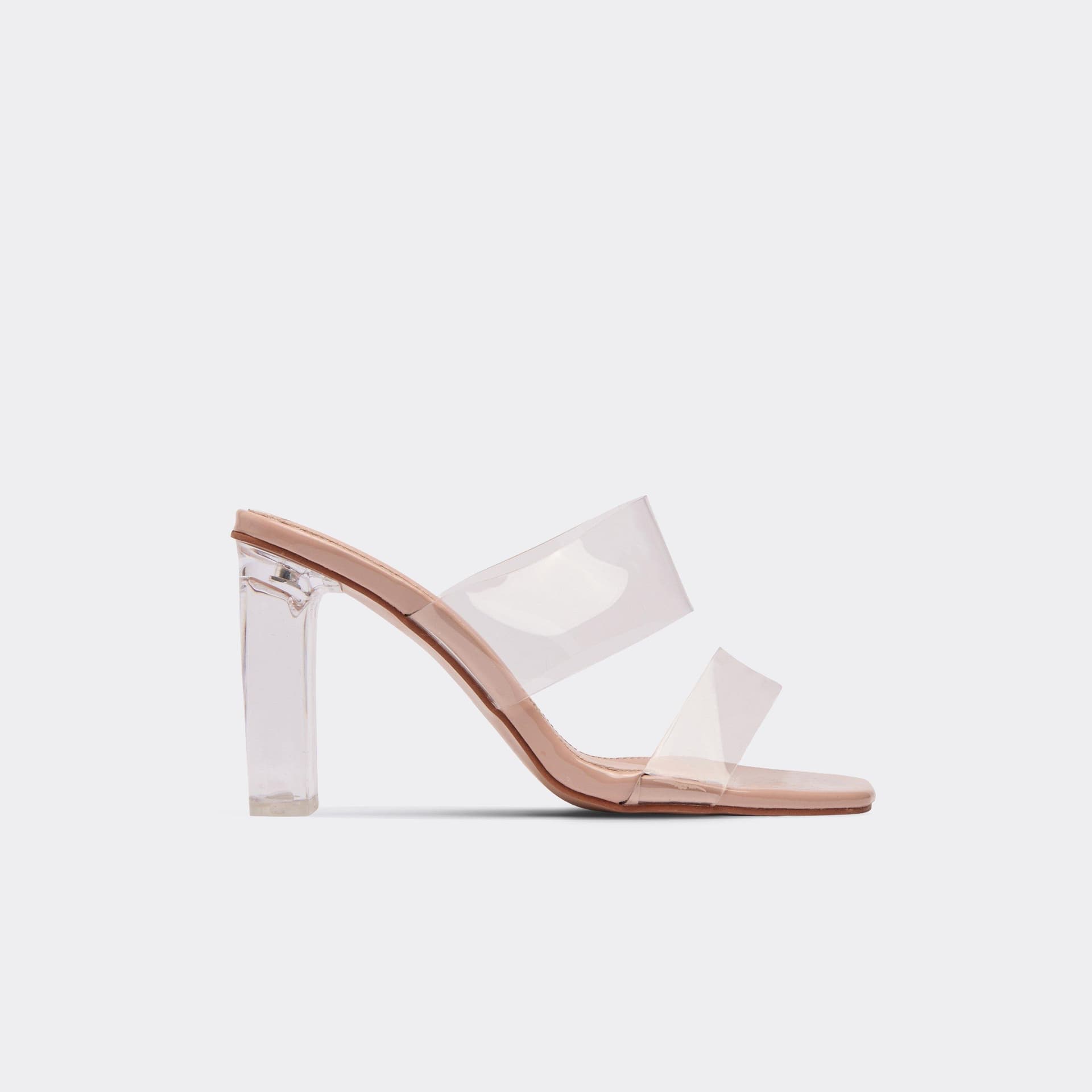 EGO Dizzie Double Perspex Strap Square Toe Block Heeled Mule In Beige Patent, Women's Size UK 3