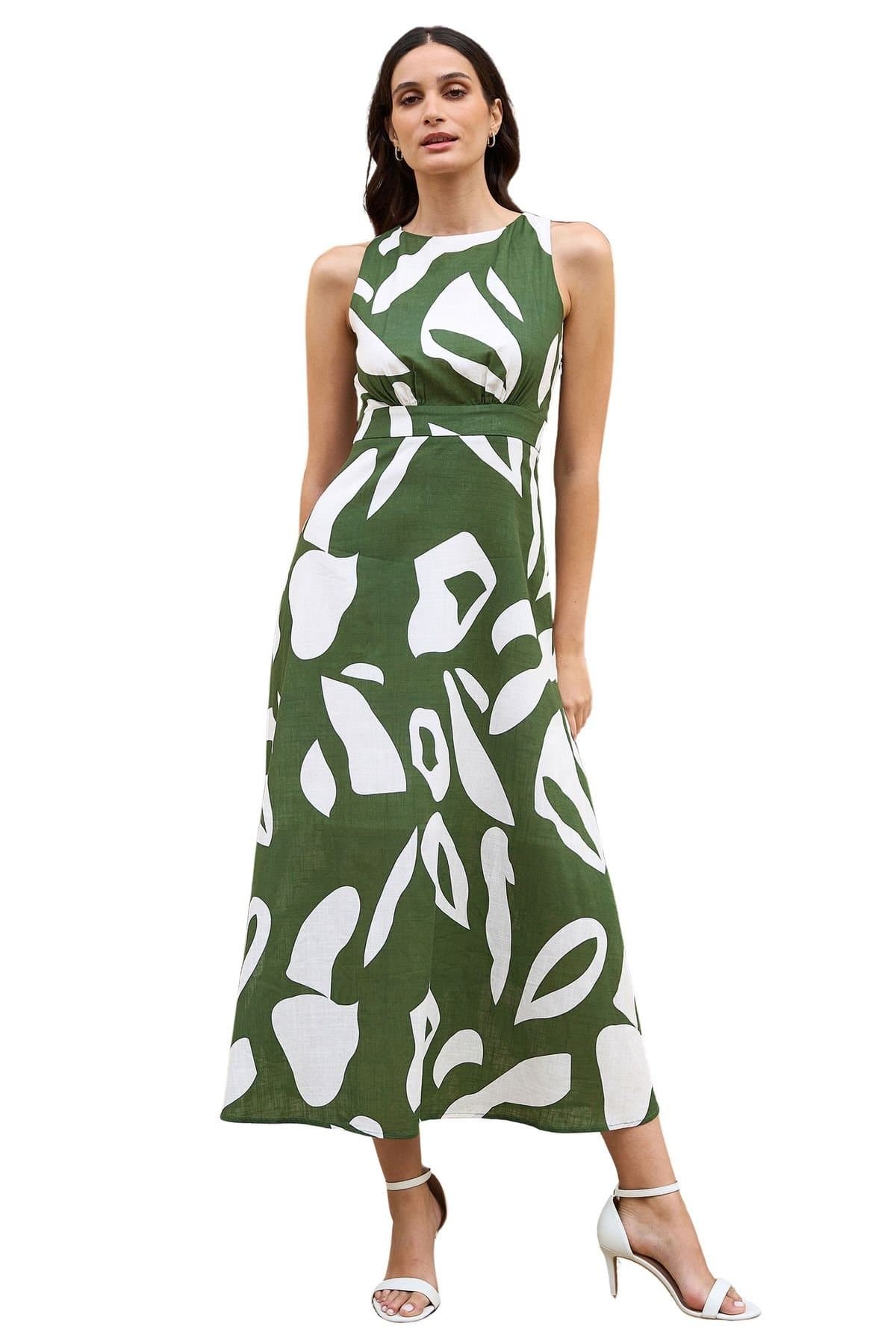 Yumi Yumi Women's Cotton Abstract Print Maxi Dress With Tie Back in Dark Green