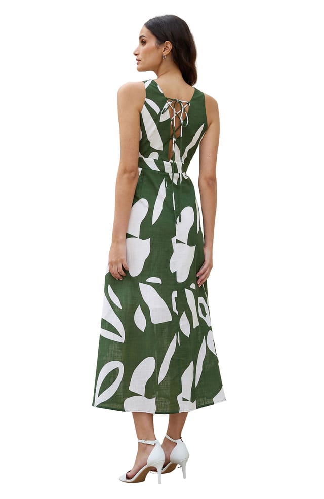Yumi Yumi Women's Cotton Abstract Print Maxi Dress With Tie Back in Dark Green - 2