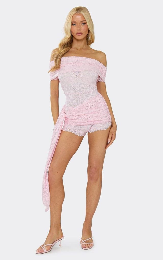 EGO Bardot Tie Waist Detail Playsuit In Pink Lace, Women's Size UK 6 - 2