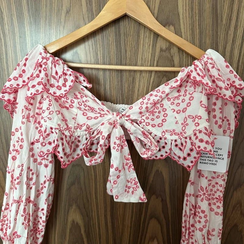 ASOS ASOS Luxe White Pink Tie Front Broderie Embroidered Paisley Crop Top UK 10