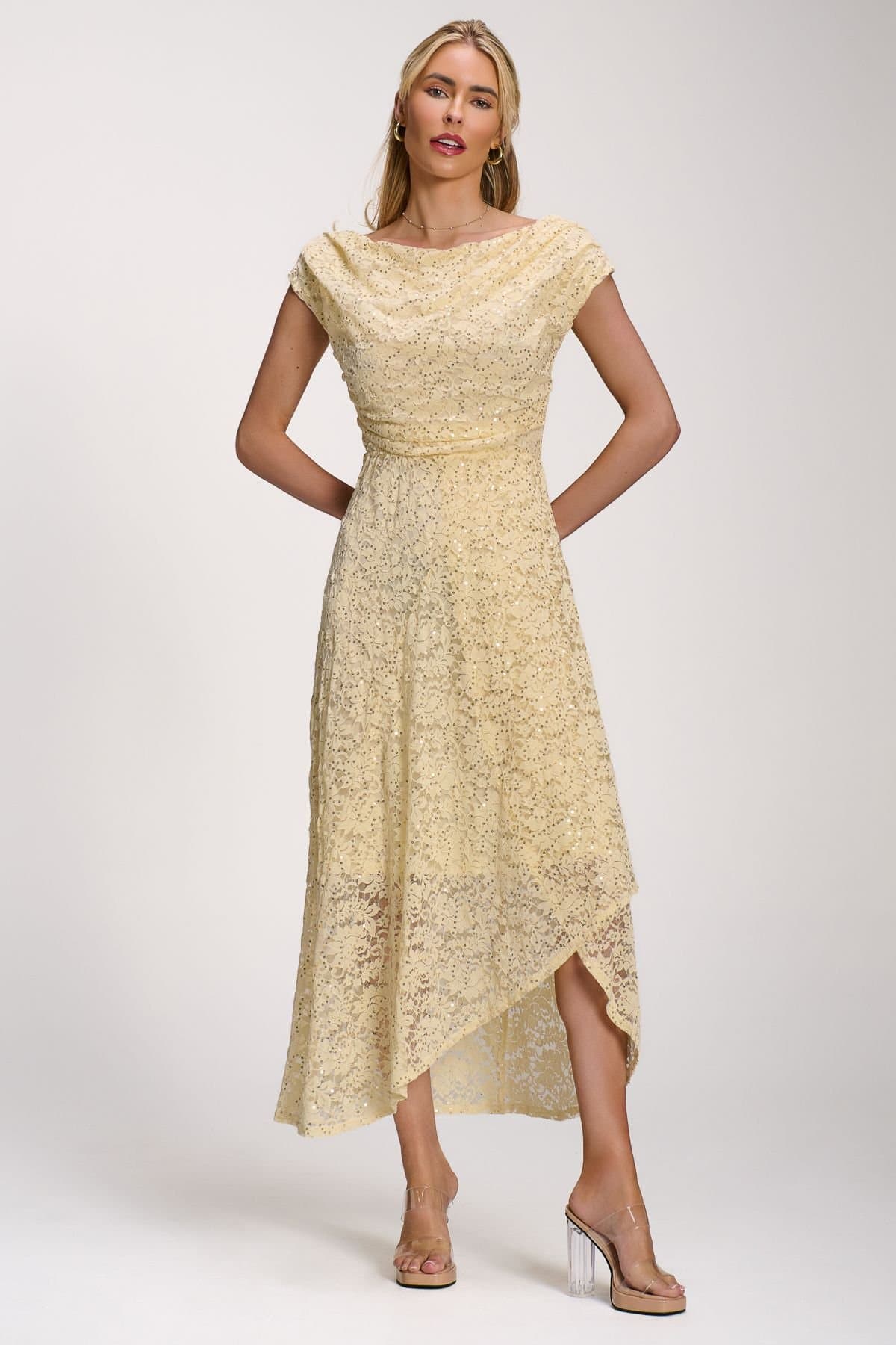 Jolie Moi Jolie Moi Women's Lace Sequin Embellished Midi Dress in Yellow