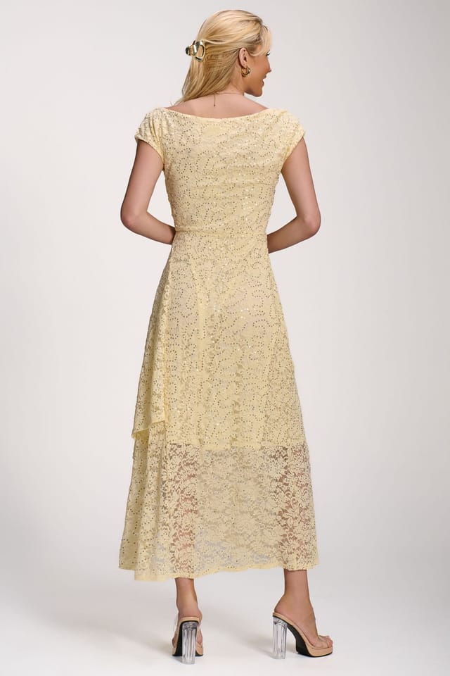 Jolie Moi Jolie Moi Women's Lace Sequin Embellished Midi Dress in Yellow - 2