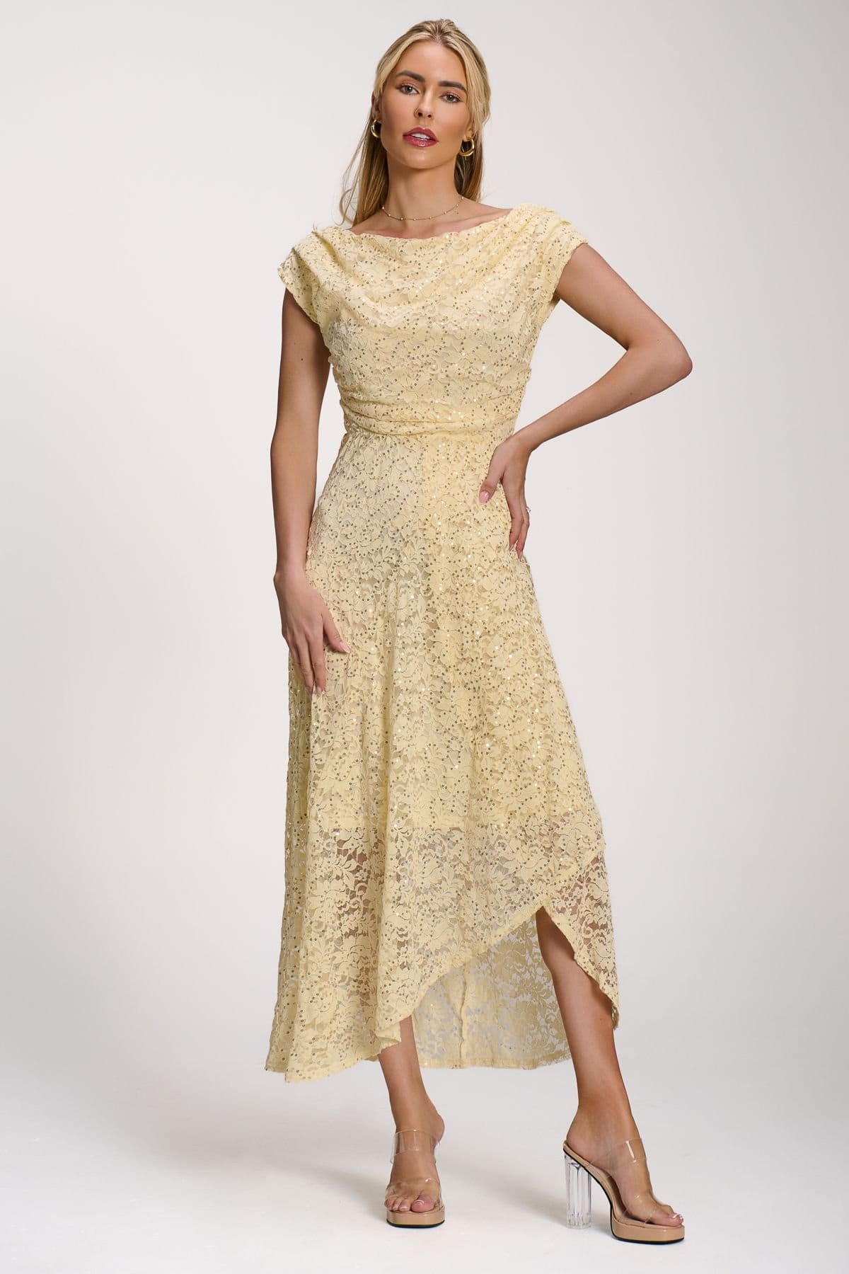 Jolie Moi Jolie Moi Women's Lace Sequin Embellished Midi Dress in Yellow - 4