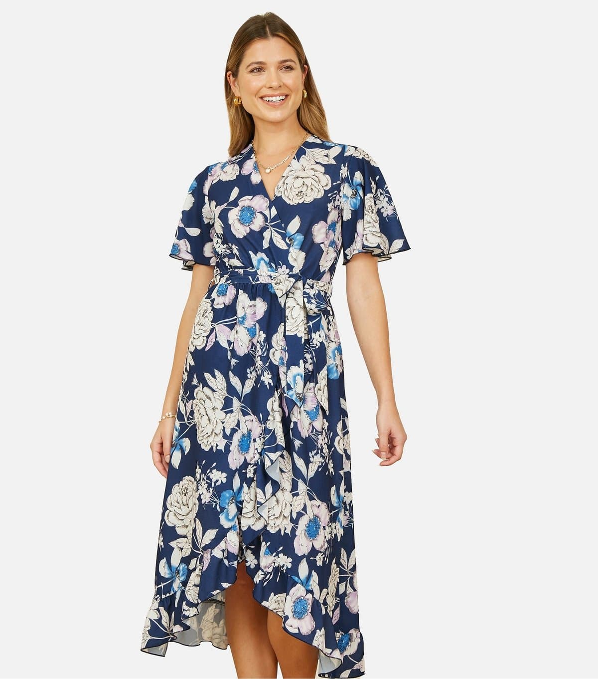 Yumi Women's Navy Floral Print Tie Waist Midi Dress Yumi New Look