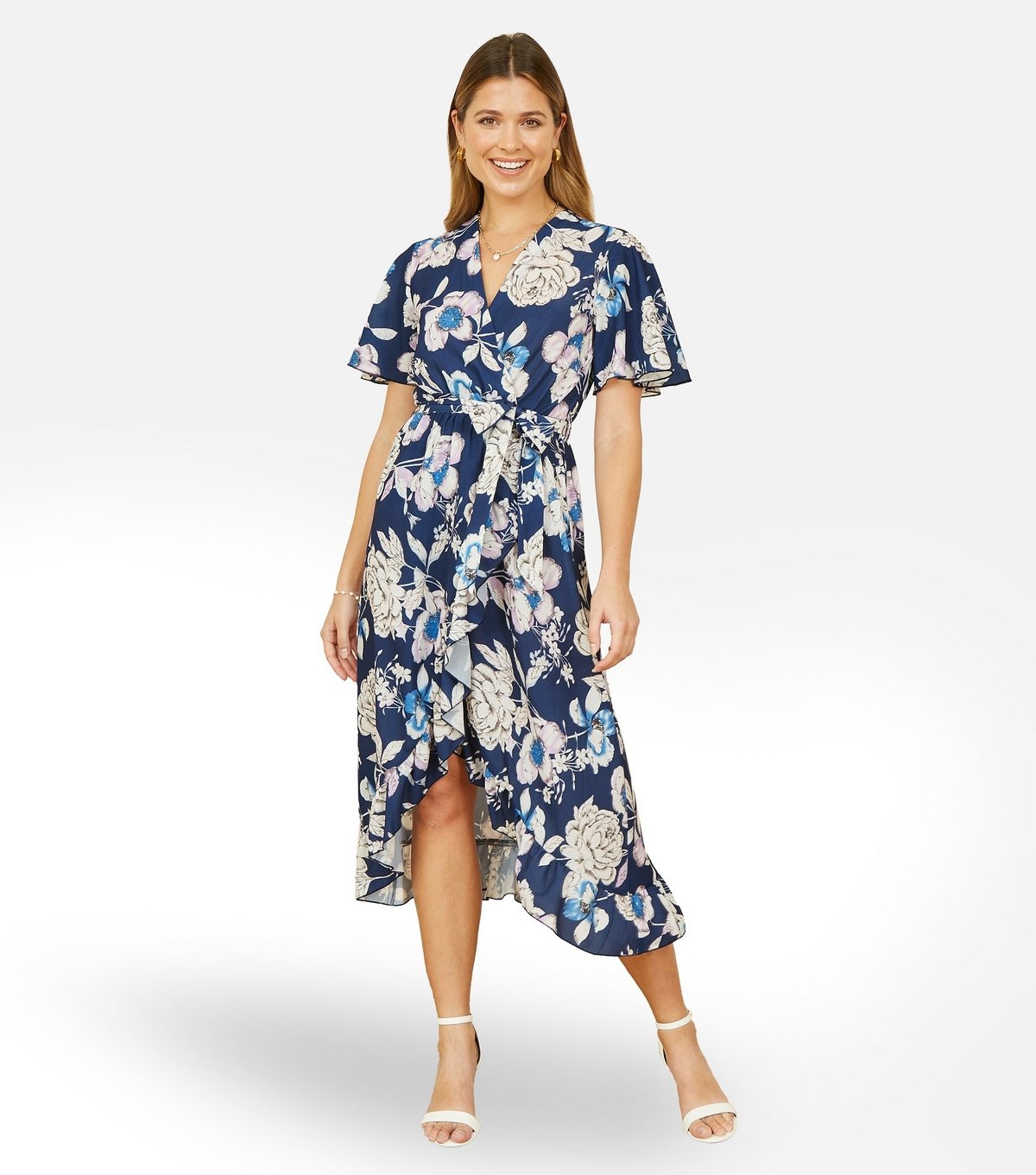 Yumi Women's Navy Floral Print Tie Waist Midi Dress Yumi New Look - 2