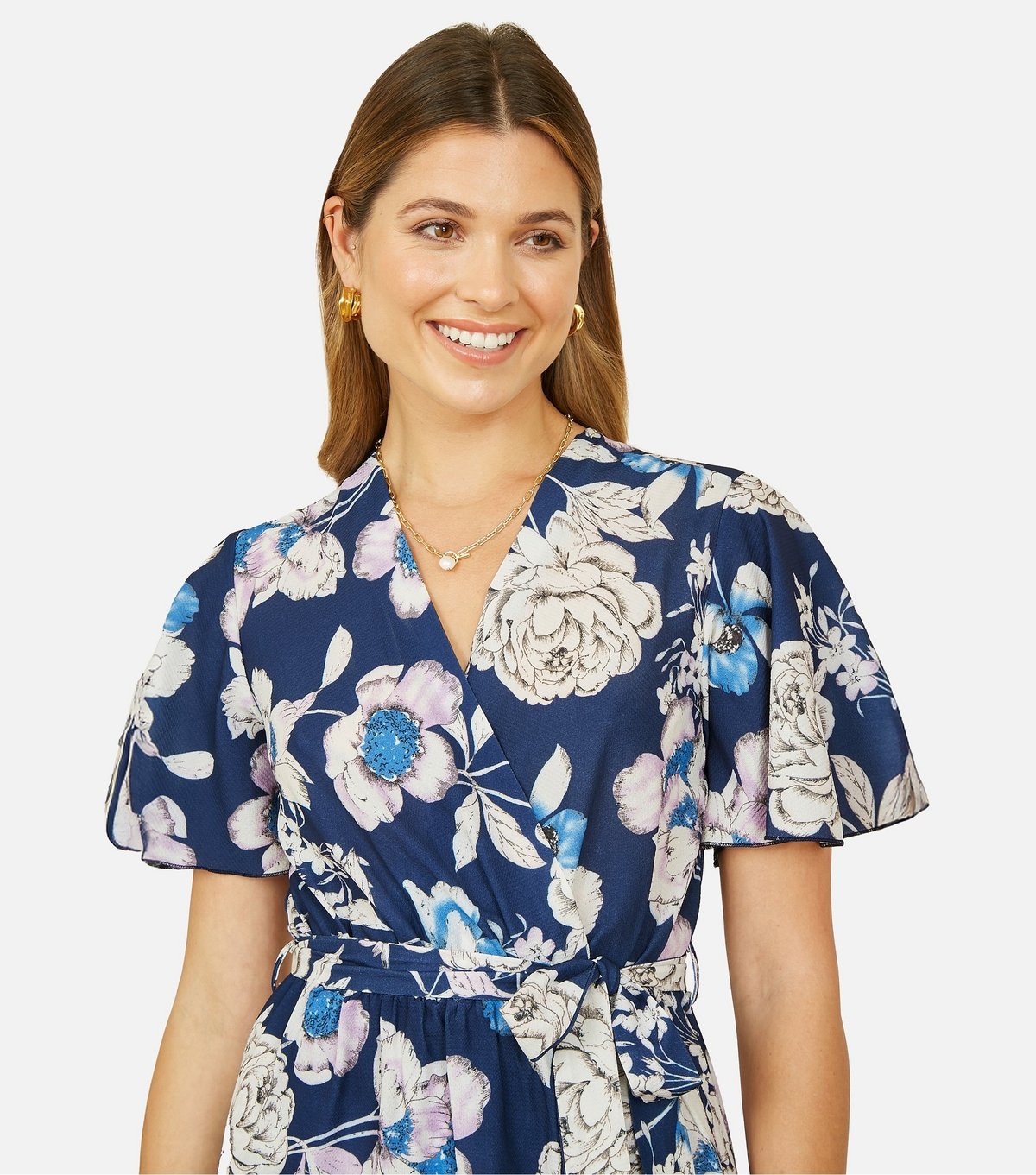 Yumi Women's Navy Floral Print Tie Waist Midi Dress Yumi New Look - 3