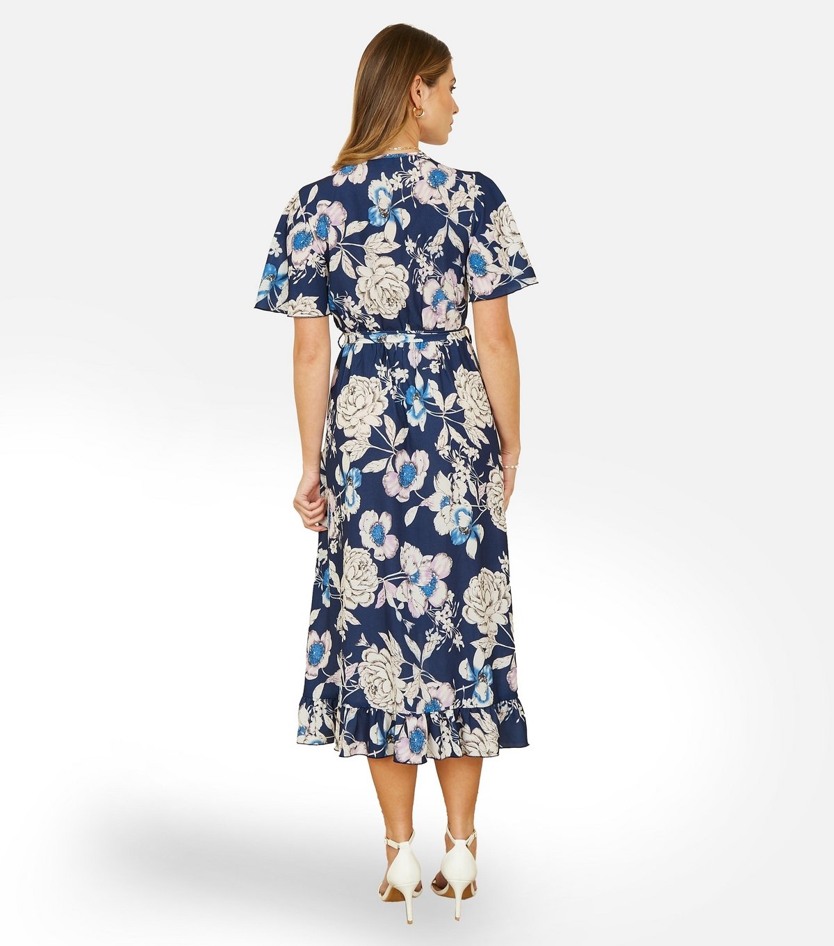Yumi Women's Navy Floral Print Tie Waist Midi Dress Yumi New Look - 4