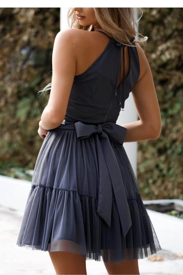 Love Lace Love Lace Women's Elegant Tulle Dress with Adjustable Tie Belt in Grey - 2