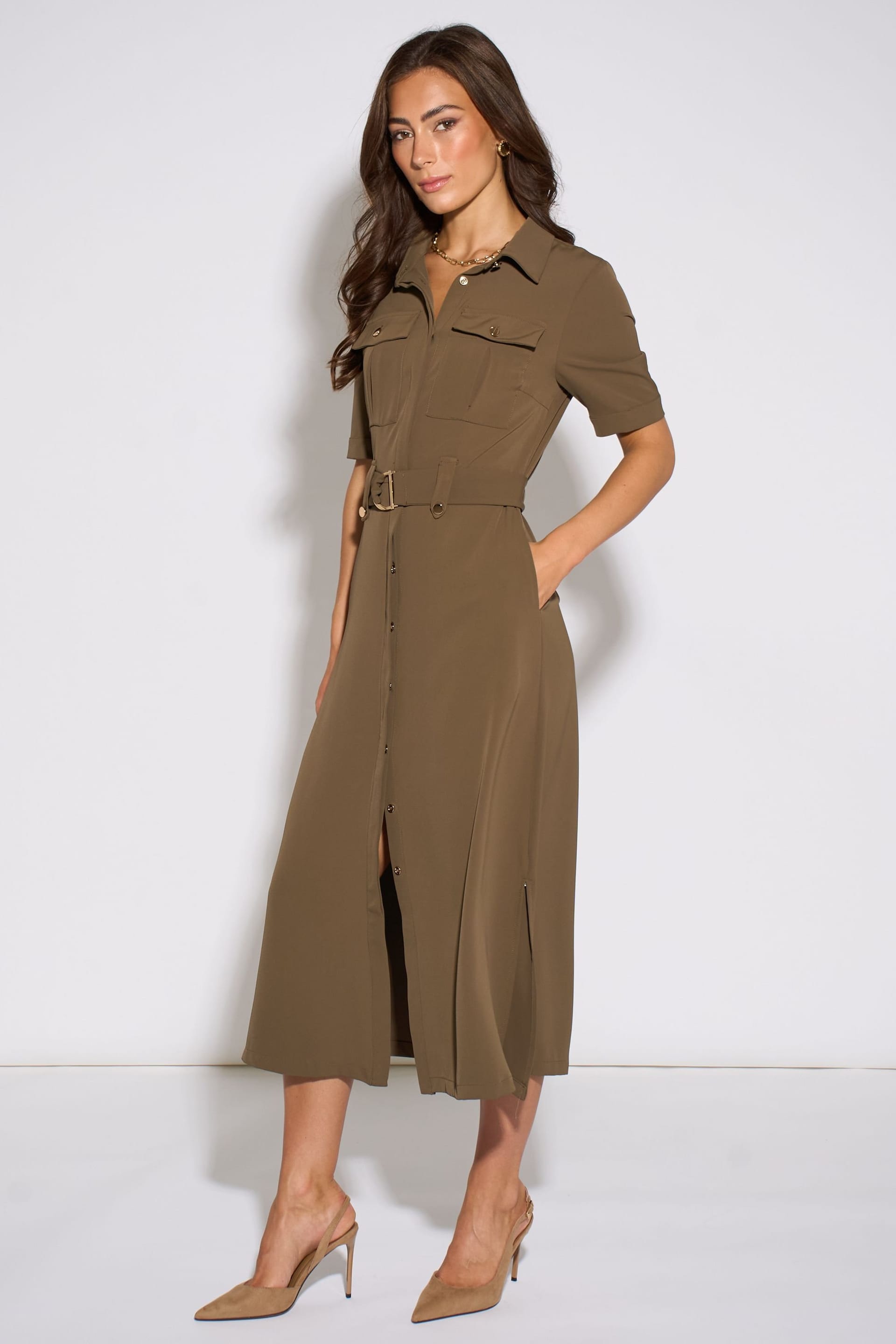 Gini London Gini London Women's Taupe Gold Hardware Detail Utility Shirt Dress - 4