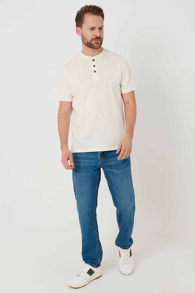 Saltwell Saltwell Men's Peached Cotton Grandad T-Shirt in Ecru - 3