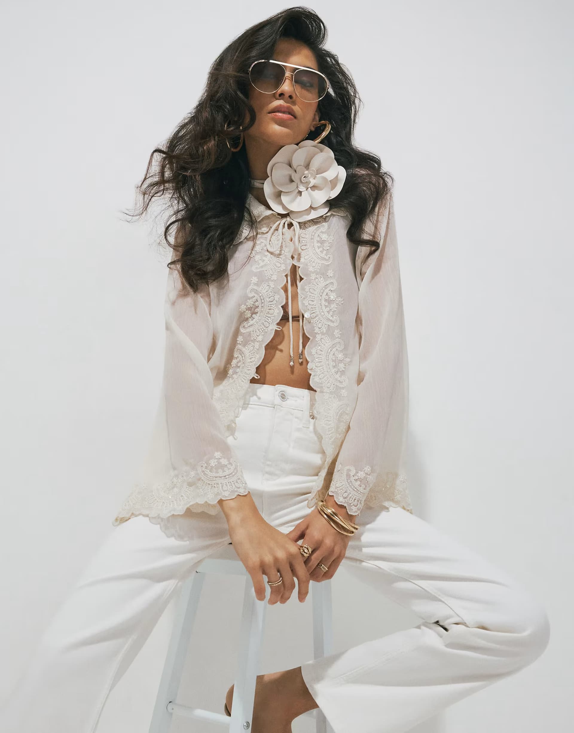 ASOS River Island Embellished tie neck sheer blouse in cream